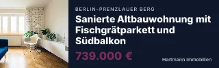 Mobilanzeige hoch, 320 mal 100 Pixel: Sanierte Altbauwohnung mit Fischgrätparkett und Südbalkon, Hartmann Immobilien