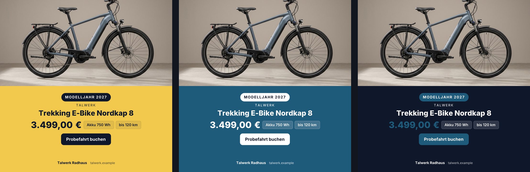 Dreimal dasselbe E-Bike mit Foto oben und Text darunter: links auf gelber Fläche mit dunkler Schrift und dunklem Knopf, in der Mitte auf blauer Fläche mit weißer Schrift und weißem Knopf, rechts auf neutraler dunkler Fläche mit einem dunkelblauen Preis.