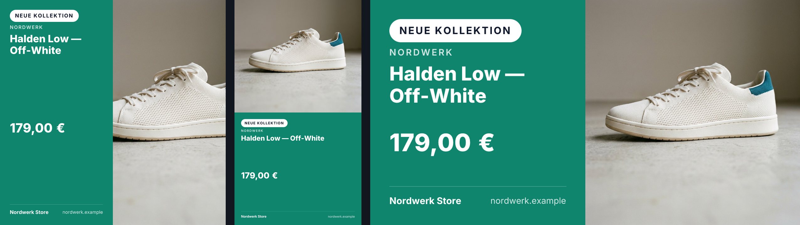 Drei Grafiken desselben Sneakers: links ein quadratischer Post mit grüner Textspalte links und dem Schuh rechts, in der Mitte eine Story mit Foto oben und Text darunter, rechts eine Link-Vorschau wieder mit grüner Spalte links.