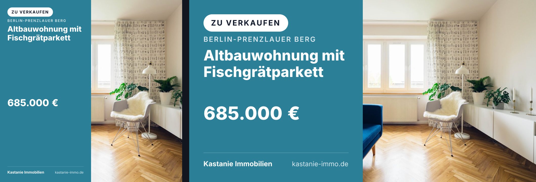 Dieselbe Anordnung für eine Altbauwohnung: petrolfarbene Spalte links mit Überschrift oben und Preis darunter, Foto rechts, als Post und als Link-Vorschau.