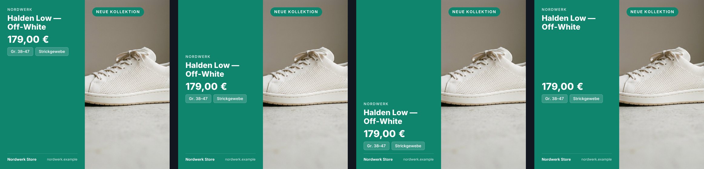 Viermal derselbe Sneaker mit grüner Spalte links: der Text oben, mittig, unten und über die ganze Höhe verteilt.