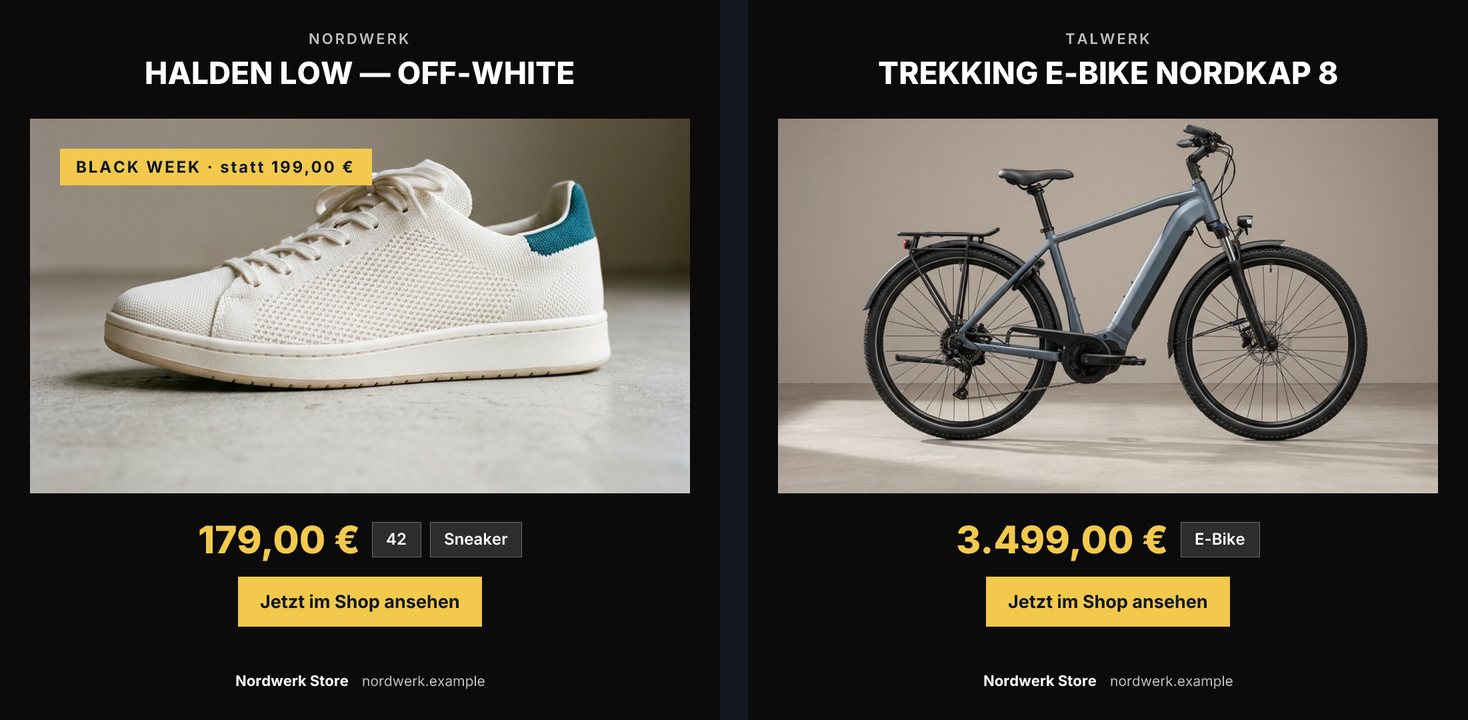 Zwei Grafiken im Black-Week-Look nebeneinander. Links der Sneaker mit dem Badge BLACK WEEK · statt 199,00 € und dem Preis 179,00 €. Rechts das Trekking E-Bike Nordkap 8 von Talwerk mit dem Preis 3.499,00 €, im selben schwarzen Look, aber ohne Badge.