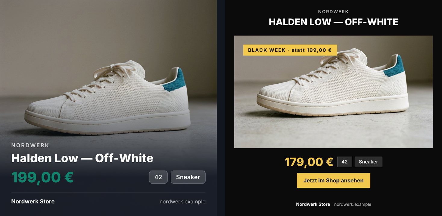 Zwei quadratische Grafiken desselben Sneakers Halden Low von Nordwerk. Links der Alltag: das Foto formatfüllend, darunter Titel, der grüne Preis 199,00 € und die Fakten 42 und Sneaker, kein Badge. Rechts die Black Week: schwarzer Grund, Titel in Versalien, das Foto in der Mitte mit dem gelben Badge BLACK WEEK · statt 199,00 €, darunter der gelbe Preis 179,00 € und ein gelber Knopf Jetzt im Shop ansehen.