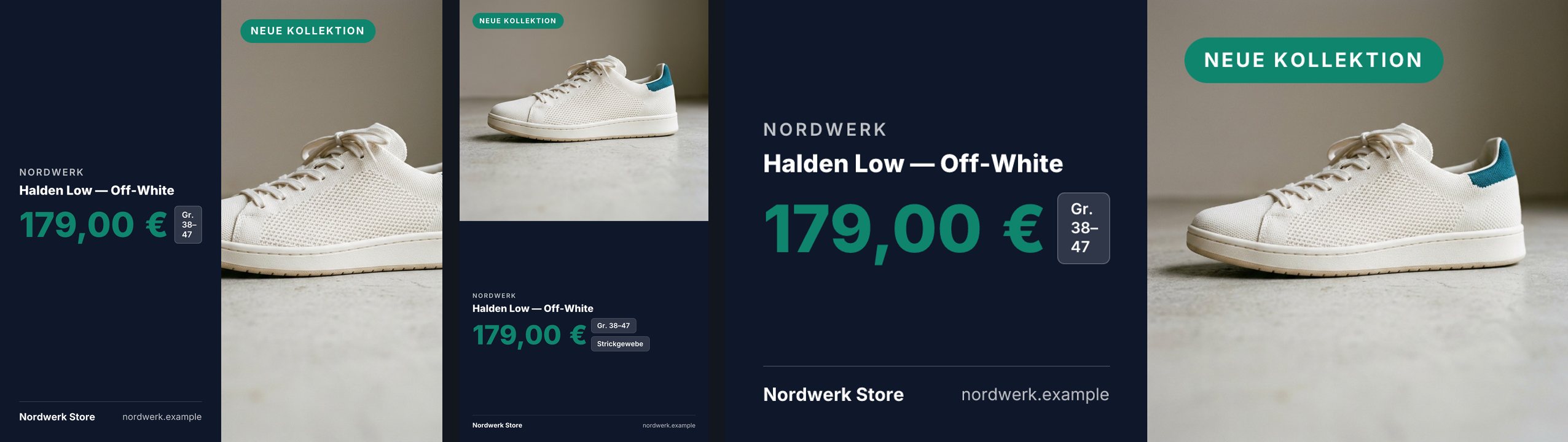 Drei Grafiken des Sneakers Halden Low von Nordwerk mit dem Badge NEUE KOLLEKTION. Im quadratischen Post und in der Link-Vorschau steht links auf dunkler Fläche die Marke, der Titel und groß der grüne Preis 179,00 €, daneben eine schmale Angabe Gr. 38–47 in drei Zeilen; rechts das Foto. In der Story steht das Foto oben, der Text darunter.