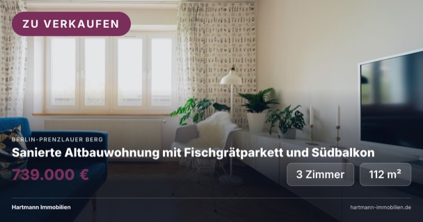 Link-Vorschau 1200 mal 630: das Foto der Altbauwohnung randlos, unten Titel, Preis und Angaben über einem dunklen Verlauf.