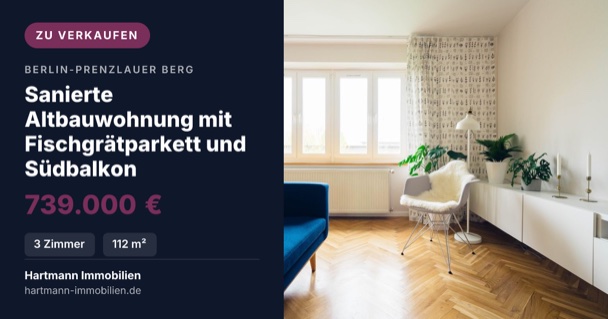 Dieselben Angaben in der Anordnung Text links, Foto rechts: dunkle Textfläche mit Titel, Preis und Angaben, rechts das Foto.