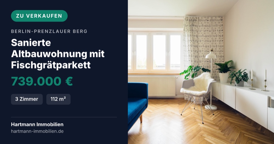 Ein Facebook-Banner im Querformat 1200 mal 630: links eine Textfläche mit Ort, Titel, Preis und zwei Angaben, rechts das Foto einer Wohnung.