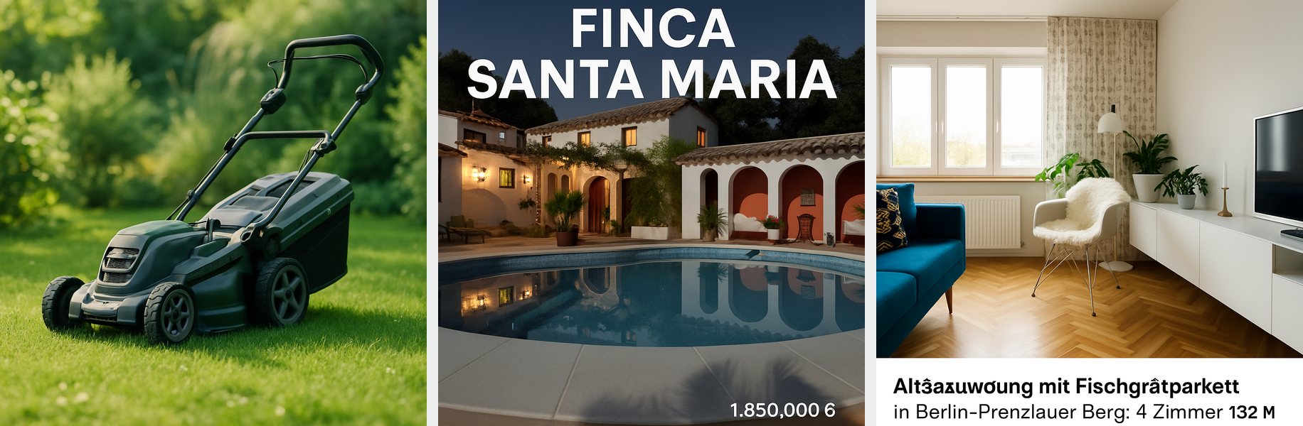 Drei Bilder eines Bildmodells nebeneinander: ein Rasenmäher auf einer Wiese ganz ohne Text; eine Finca mit Pool und der Überschrift FINCA SANTA MARIA, unten rechts steht 1.850,000 6; ein Wohnzimmer mit Fischgrätparkett und einer verstümmelten Überschrift, in der Zeile darunter fehlt der Preis.