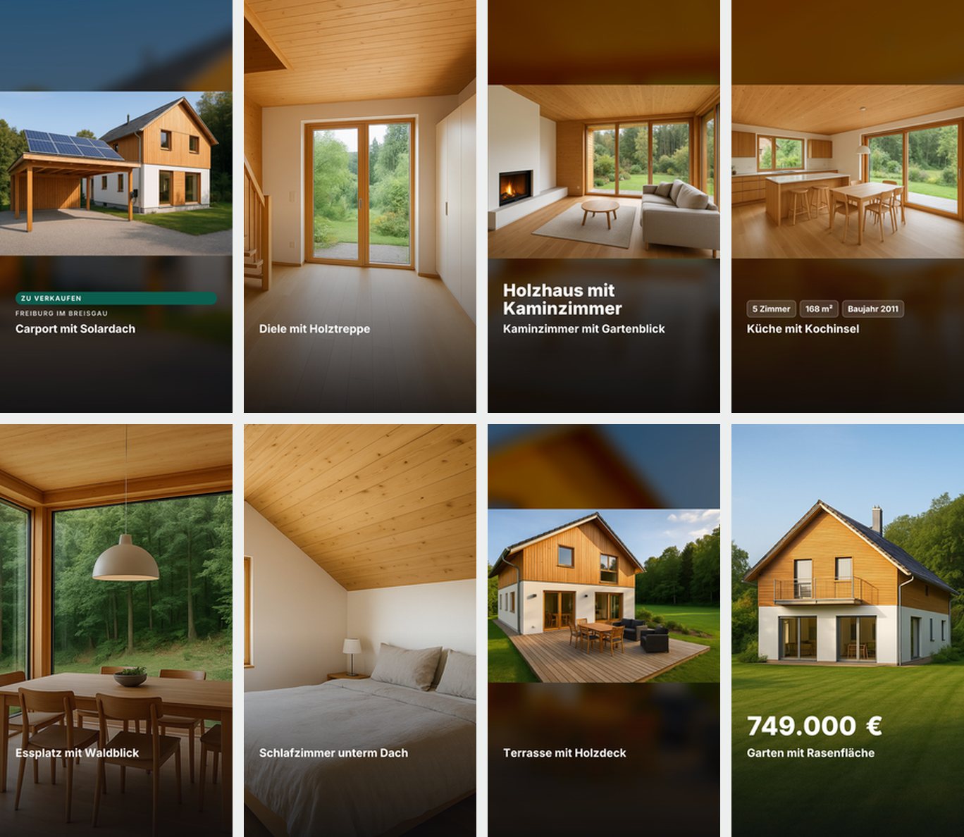 Acht Szenen eines Rundgangs durch ein Holzhaus, in zwei Reihen: Carport mit Solardach, Diele mit Holztreppe, Kaminzimmer mit Gartenblick, Küche mit Kochinsel, Essplatz mit Waldblick, Schlafzimmer unterm Dach, Terrasse mit Holzdeck, Garten mit Rasenfläche und dem Preis 749.000 €.
