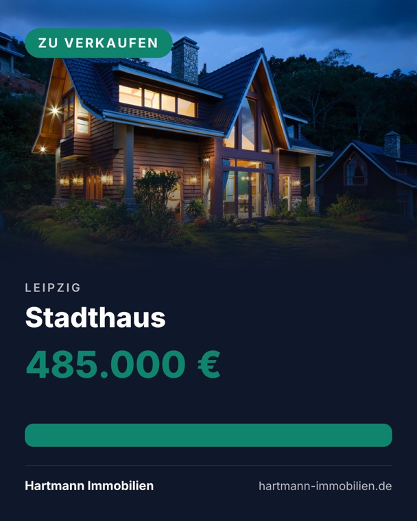 Eine Immobiliengrafik mit einem breiten, leeren grünen Balken unterhalb der Angaben — ein Handlungsknopf ohne Beschriftung.