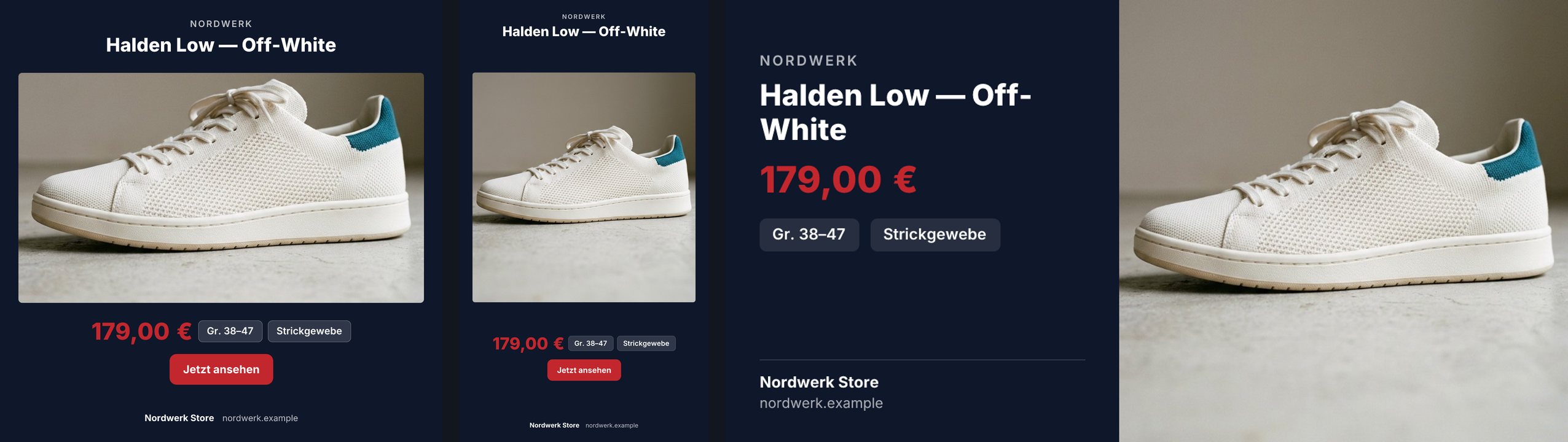 Derselbe Sneaker in drei Formaten: quadratisch und hochkant jeweils mit Marke und Titel oben, dem Foto eingerückt und mit runden Ecken in der Mitte, darunter der rote Preis 179,00 €, zwei Fakten, ein roter Knopf Jetzt ansehen und die Fußzeile Nordwerk Store. Die breite Link-Vorschau zeigt links den Text, rechts das Foto.