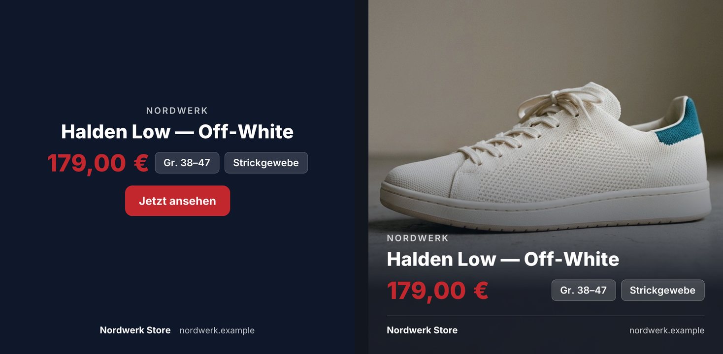 Zwei quadratische Grafiken zum Sneaker Halden Low von Nordwerk. Links eine dunkle Fläche mit Marke, Titel, Preis 179,00 €, zwei Fakten und einem roten Knopf, aber ohne Foto. Rechts das formatfüllende Foto des Schuhs, über dessen unterem Teil Marke, Titel, Preis und Fakten liegen.