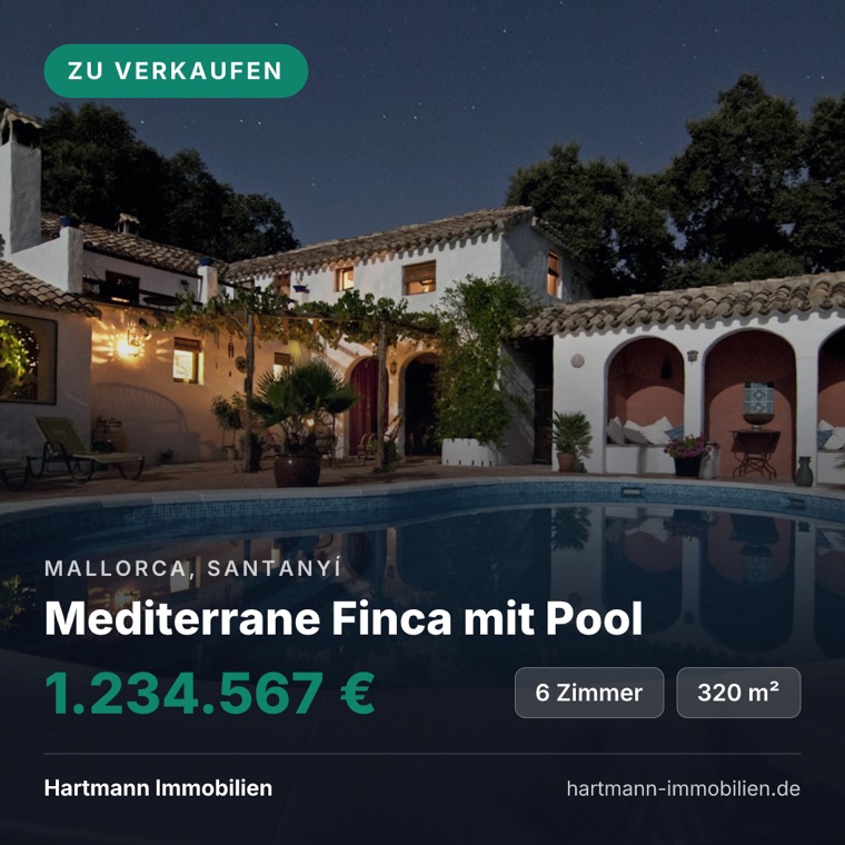Eine quadratische Instagram-Grafik einer Finca mit Pool. Über dem Foto stehen Ort, Titel und der Preis 1.234.567 Euro, jede Ziffer korrekt gesetzt, mit Punkt als Tausendertrenner und Leerzeichen vor dem Eurozeichen.
