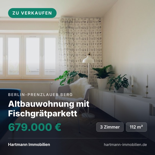 Eine quadratische Immobiliengrafik der Altbauwohnung mit Fischgrätparkett, Preis 679.000 €, aus der Zeit, in der die Grafik dem Preis nicht folgte.