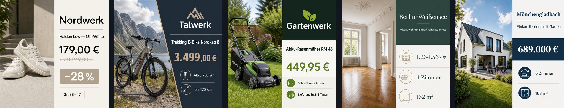 Fünf von gpt-image-2 erzeugte quadratische Anzeigen nebeneinander, jeweils Foto links und Textfläche rechts: ein heller Ledersneaker mit 179,00 € und durchgestrichenem statt 249,00 €, ein E-Bike vor einem Fjord mit 3.499,00 €, ein Akku-Rasenmäher mit 449,95 €, eine leere Altbauwohnung mit 1.234.567 € und ein Einfamilienhaus mit 689.000 €.