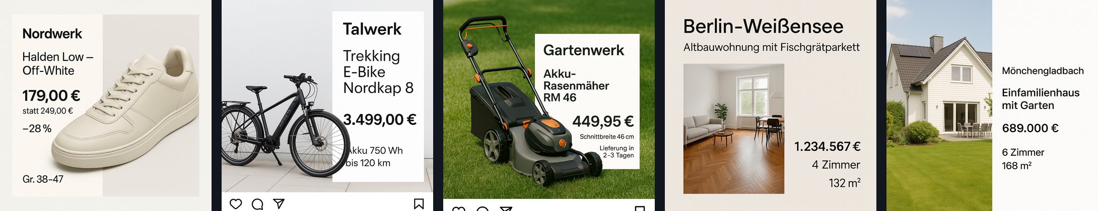 Fünf von gpt-image-1 erzeugte quadratische Anzeigen nebeneinander: ein beiger Sneaker mit 179,00 €, ein schwarzes E-Bike mit 3.499,00 €, dessen Vorderrad über den Text Akku 750 Wh läuft, ein Rasenmäher mit 449,95 € und einer abgeschnittenen Instagram-Bedienleiste unten, eine Altbauwohnung mit 1.234.567 € und ein Einfamilienhaus mit 689.000 €.