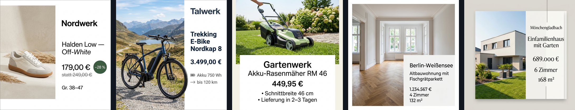 Fünf von nano-banana-2 erzeugte quadratische Anzeigen nebeneinander: ein Sneaker mit 179,00 €, durchgestrichenem Altpreis und grünem Kreis −28 %, ein blaues E-Bike vor Bergen mit 3.499,00 €, ein hellgrüner Rasenmäher mit 449,95 €, eine leere Altbauwohnung mit 1.234.567 € und ein modernes Haus mit 689.000 €.
