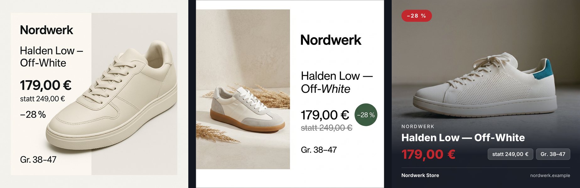 Drei Sneaker-Anzeigen nebeneinander mit denselben Angaben Nordwerk, Halden Low — Off-White, 179,00 €, statt 249,00 €, −28 % und Gr. 38–47. Links ein glatter beiger Ledersneaker von gpt-image-1, in der Mitte ein Trainer mit grauem Wildleder und Gummisohle von nano-banana-2, rechts der echte Strickschuh mit petrolfarbener Ferse auf dem Foto des Shops, gesetzt von ListingShot.