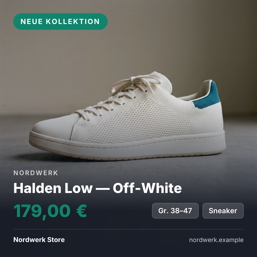 Derselbe Sneaker mit dem Badge NEUE KOLLEKTION, der Marke Nordwerk über dem Titel Halden Low — Off-White, dem Preis 179,00 €, den Fakten Gr. 38–47 und Sneaker; in der Fußzeile Nordwerk Store und nordwerk.example.
