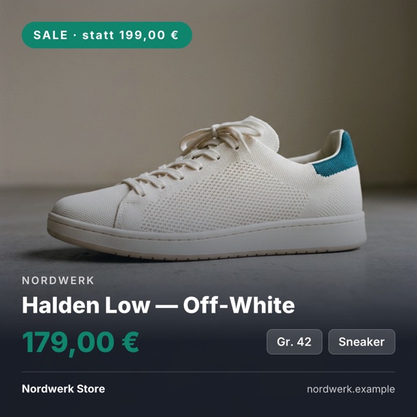 Dieselbe Grafik im Sale: Preis 179,00 Euro und oben links das Badge „SALE · statt 199,00 €“.