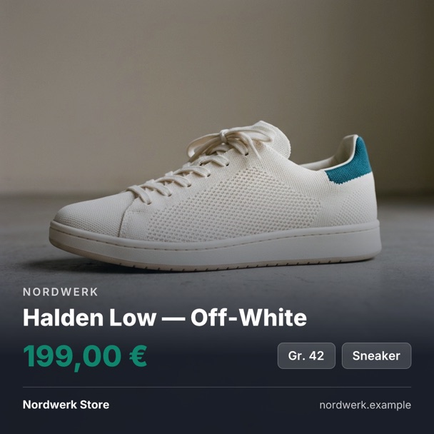 Instagram-Post eines cremeweißen Strick-Sneakers: Marke Nordwerk, Name Halden Low — Off-White, Preis 199,00 Euro, Angaben Gr. 42 und Sneaker, kein Badge.