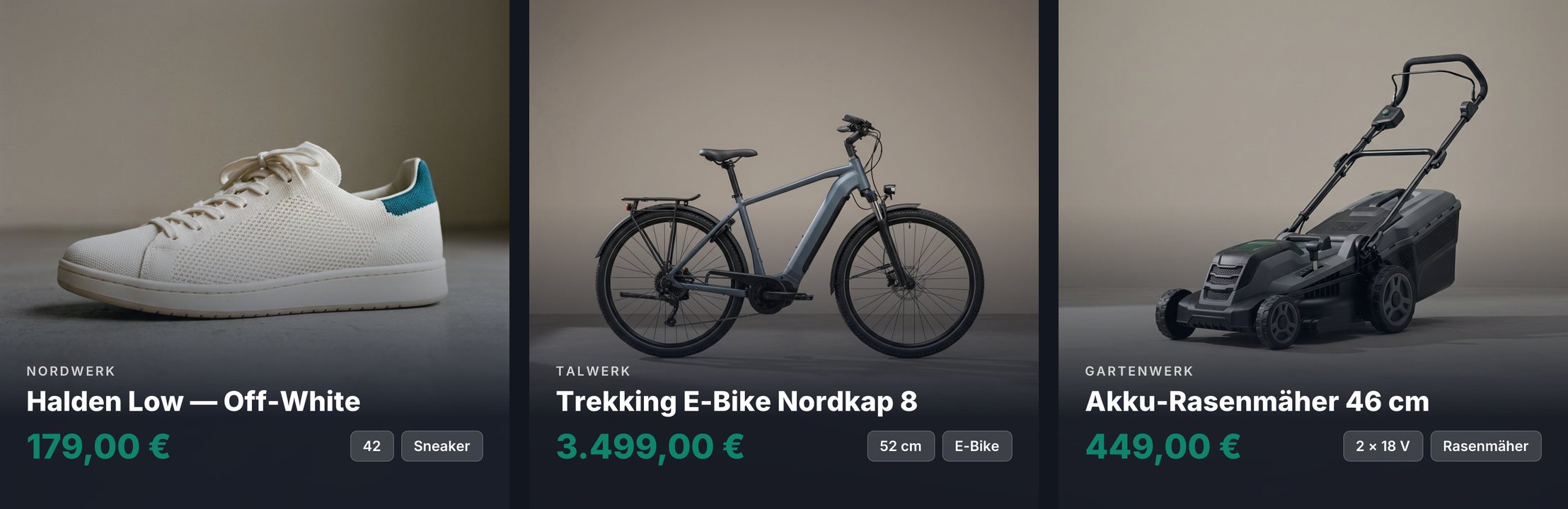 Drei quadratische Instagram-Grafiken nebeneinander: ein cremeweißer Sneaker der Marke Nordwerk für 179,00 €, ein Trekking-E-Bike Nordkap 8 von Talwerk für 3.499,00 € und ein Akku-Rasenmäher 46 cm von Gartenwerk für 449,00 €, jeweils mit der Marke über dem Titel und zwei Fakten neben dem Preis.