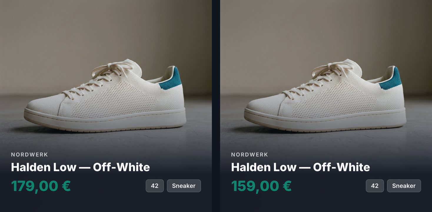 Zweimal dieselbe quadratische Grafik des Sneakers Halden Low von Nordwerk, links mit dem Preis 179,00 €, rechts mit 159,00 €; sonst ist alles gleich.