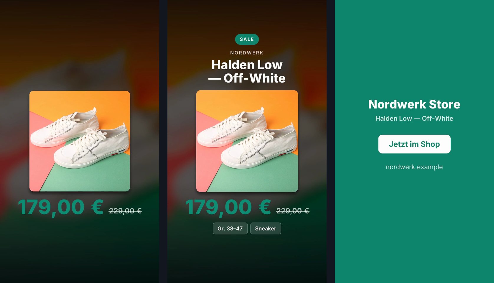 Drei Standbilder des Sneaker-Videos. Nach gut einer Sekunde stehen nur das Foto und der Preis 179,00 € mit dem durchgestrichenen alten Preis. In der vierten Sekunde sind Sale-Badge, Marke, Name und die Eckdaten Gr. 38–47 und Sneaker dazugekommen. In der elften Sekunde zeigt eine grüne Karte Nordwerk Store, den Namen des Schuhs, den Knopf Jetzt im Shop und die Adresse.