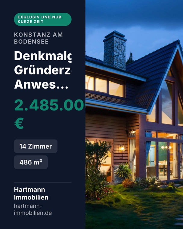 Eine Immobiliengrafik, deren Überschrift von der Fotokante mitten im Wort abgeschnitten wird: zu lesen ist nur „Denkmalg“, „Gründerz“ und „Anwes…“, dem Preis fehlen die letzten Ziffern.