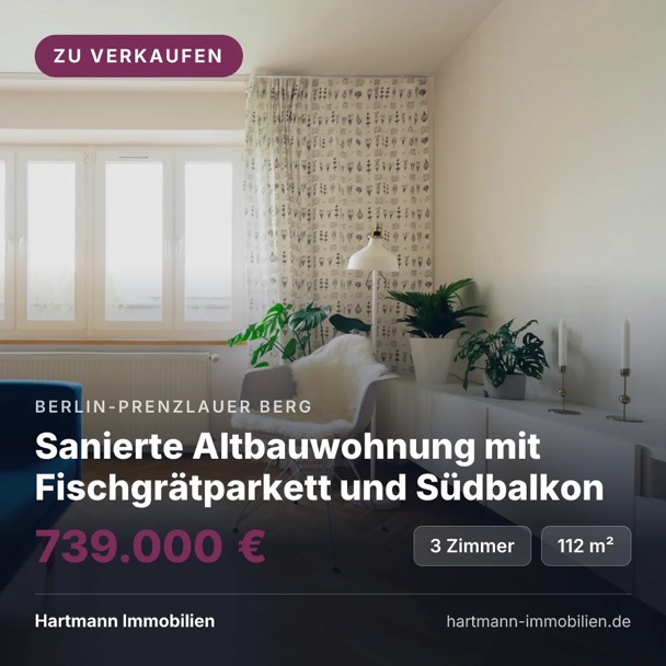 Instagram-Post der Altbauwohnung, unten die Absenderzeile Hartmann Immobilien ohne Bild.